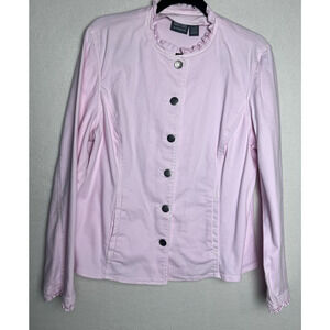 Additions by Chico's Women's Button Up Pink Jacket Size 2 (L)Pockets Ruffle Trim